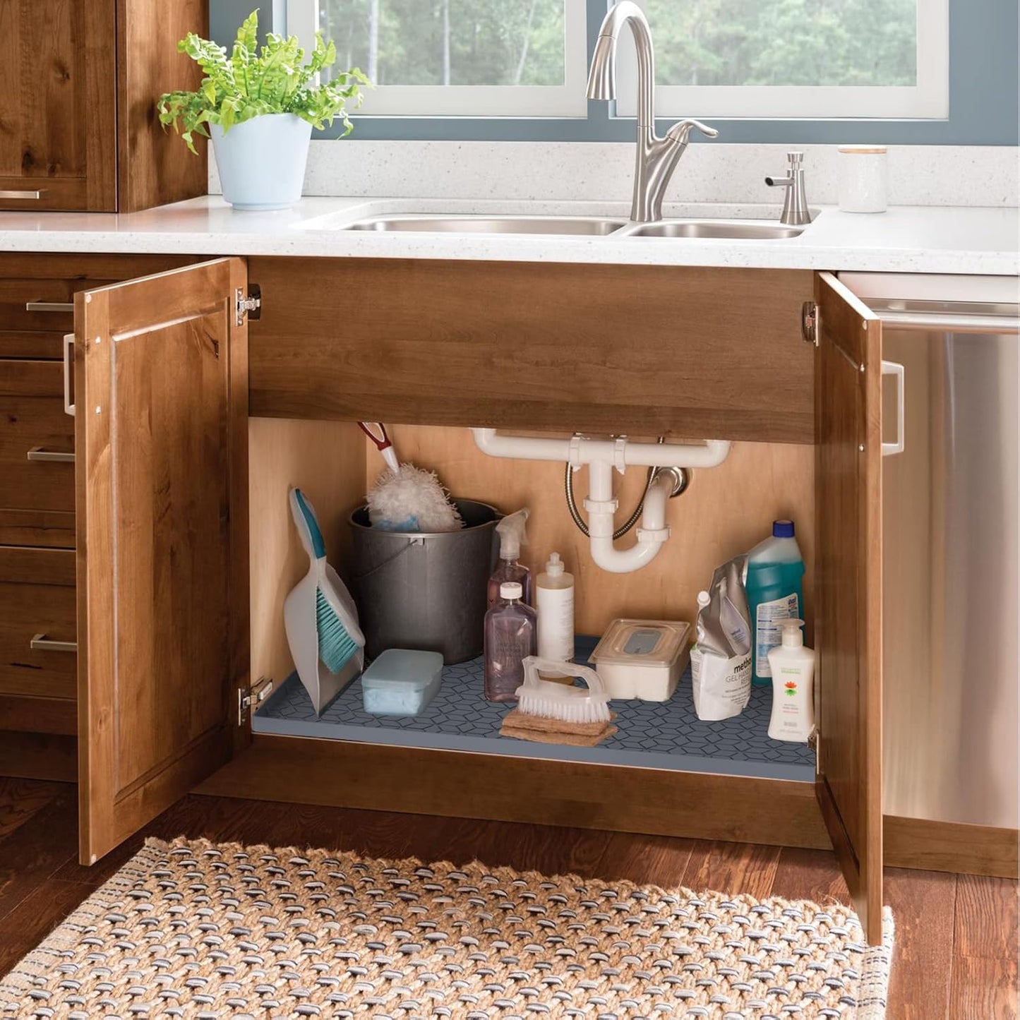 Under Sink Mat for Kitchen, Silicone Waterproof Liner, Flexible Organizer Tray with Drain Hole, 3.3 Gallons Capacity, Easy to Clean (Gray, 28x19)