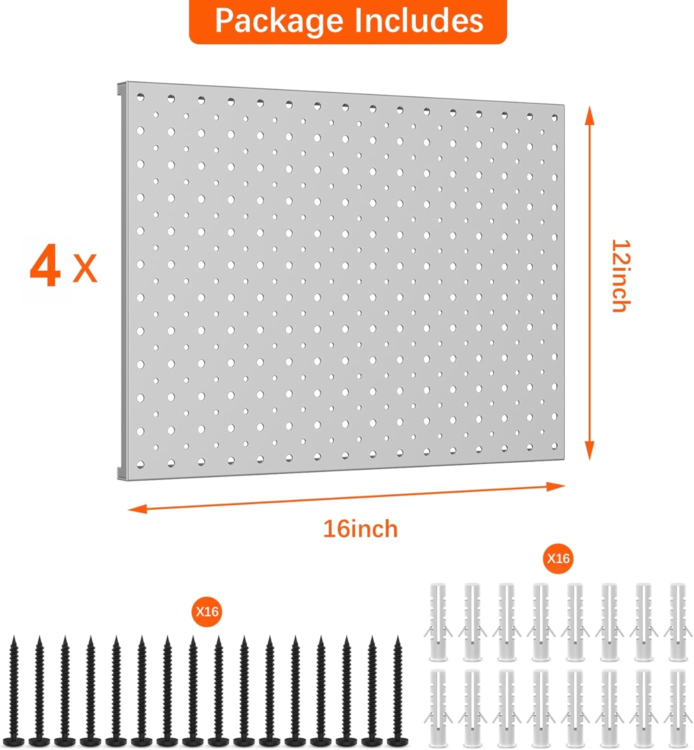 TORACK 4Pcs 12"x16" Metal Pegboard Panels for Garage, Workbench, Shop, Shed Tool Organizer Peg Board with 1/8" & 1/4" Holes, Modular Wall-Mounted Pegboard for Pegboard Hooks (Grey)