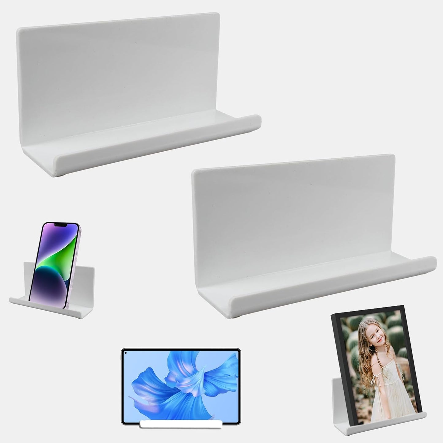 2pcs Acrylic Phone Holder Small Adhesive Shelfs, Minimalist Stick On Shelves Bedside Shelf Wall Mounted Tablet Holders, Cell Phone Holder for Bathroom,Office Phone Shelf Display Shelf(White)
