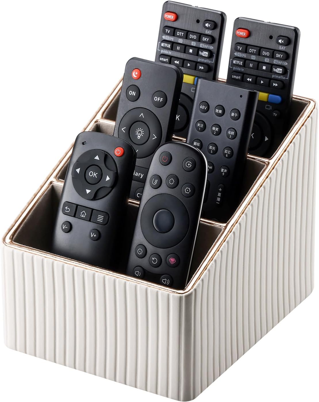 KINGFOM Remote Control Holder with 3 Compartments, Pu Leather Remote Caddy Desktop Organizer for TV, CD, Blu-Ray, Media Player, Heater Controllers and Cosmetics Office Supplies Light Beige