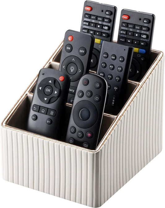 KINGFOM Remote Control Holder with 3 Compartments, Pu Leather Remote Caddy Desktop Organizer for TV, CD, Blu-Ray, Media Player, Heater Controllers and Cosmetics Office Supplies Light Beige