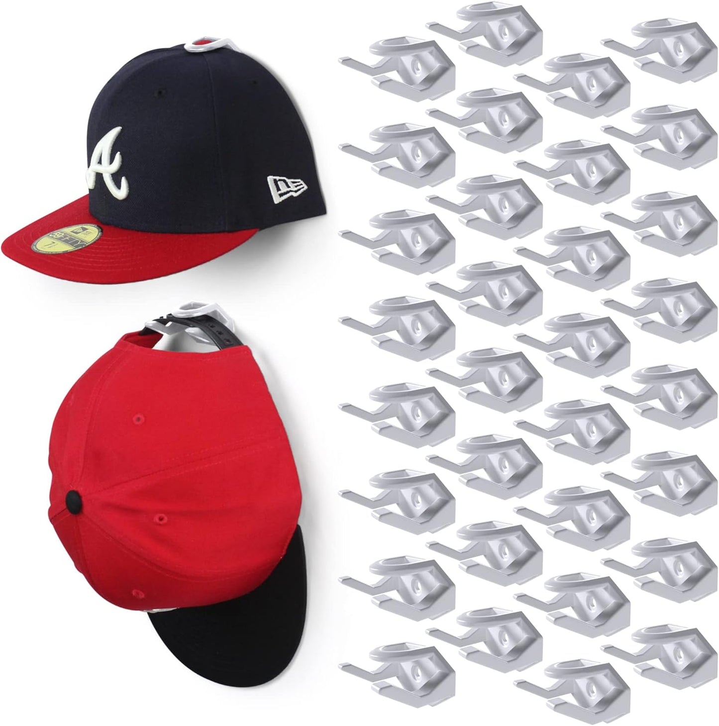 Modern JP Adhesive Hat Hooks for Wall (32-Pack) - Hat Rack for Baseball Caps, Minimalist Hat Display, Strong Hold Hat Hangers for Wall - USA Patented, White