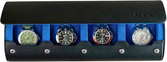 DailyWatch | Personalized Watch Roll Travel Case For 4 Watches - Handmade Genuine Leather Travel Case With Custom Engraving of Name or Initials - Black Blue