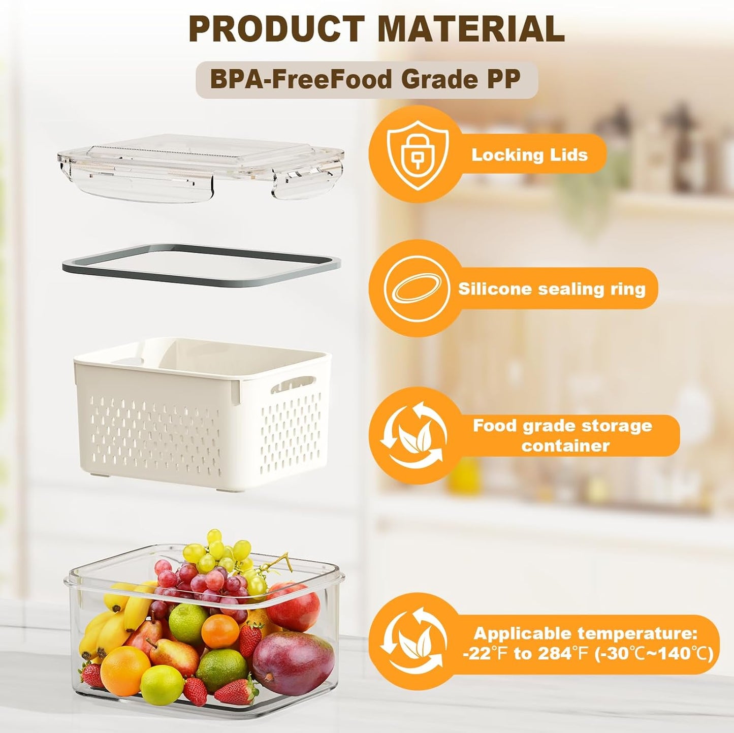 4 Pcs Fruit Storage Containers for Fridge (with Drain Basket) - Leak-Proof Food Containers, BPA-Free, Keep Fruits, Vegetables, Berries, and Meats Fresh for a Long Time, Dishwasher and Microwave Safe
