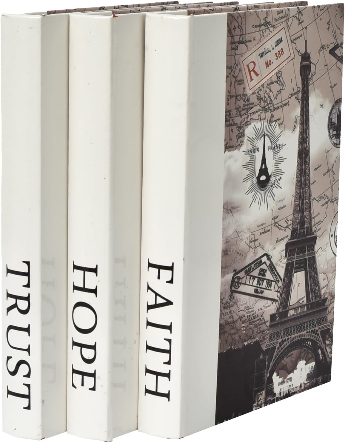 Decorative Books for Decor, Contemporary Faux PU Leather and Wooden Storage Boxes Set of 3, Vintage Keepsake Box for Home, Living Room, Shelves (Faith Hope Trust, Eiffel Tower, Paris)
