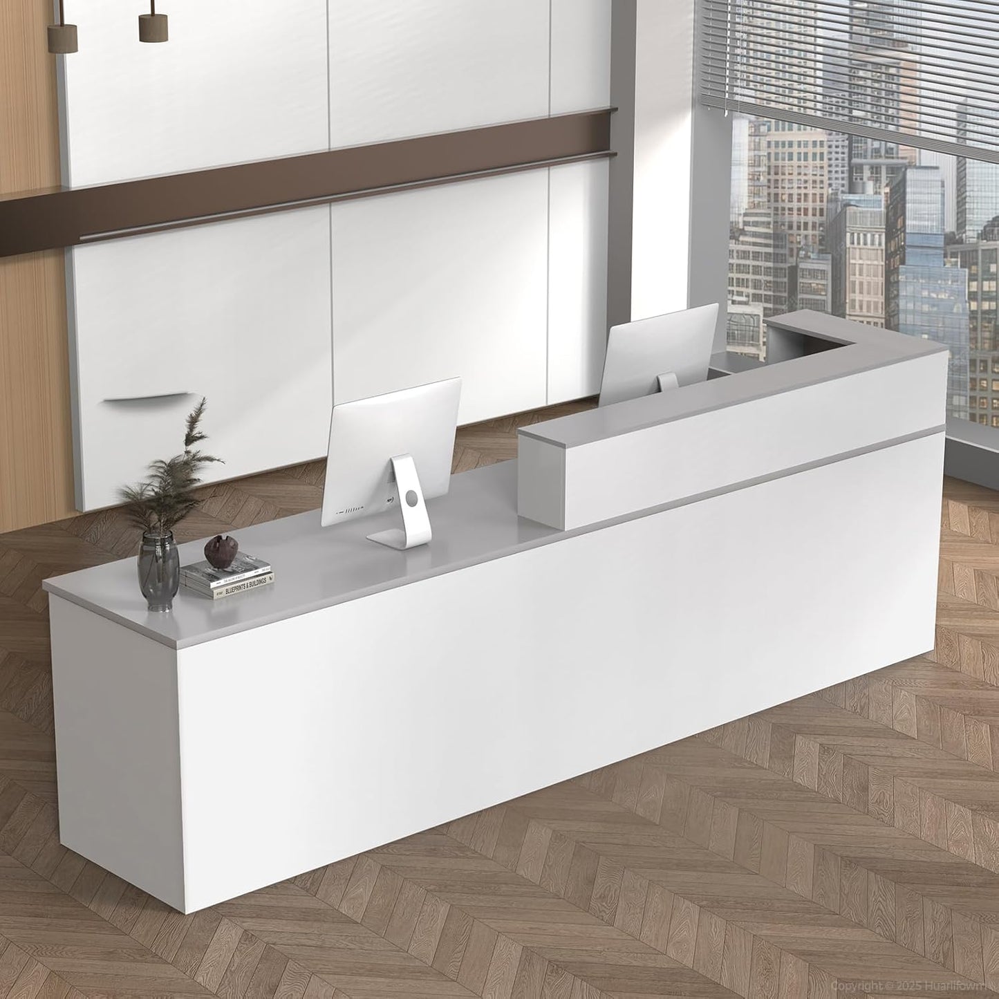 L Shape Reception Desk with Counter, Lockable Drawer, Keyboard Tray, and Double-Layer Storage for Salon, Office, or Clinic(White+Gray/Left, 63" L*24" W*39" H)