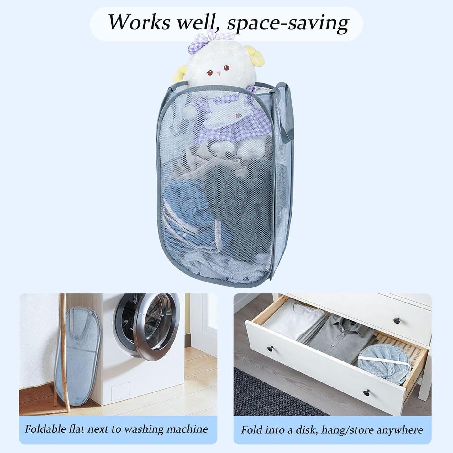 Upgraded 100L Extra Large Collapsible Laundry Baskets, 2 Pack XL Mesh Pop Up Laundry Hamper with Handles, Portable Travel Laundry Basket, Foldable Hamper. Grey. 2V
