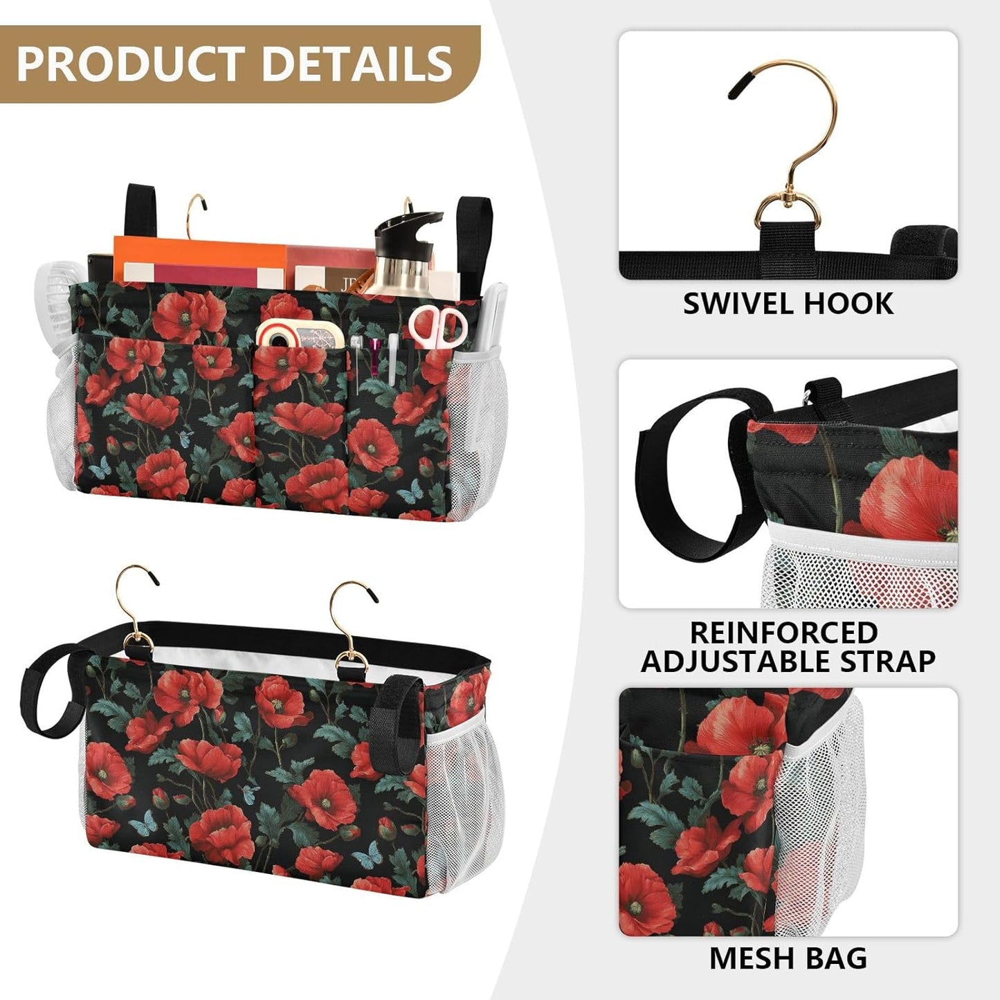 Poppy Butterfly Leaf Bedside Caddy for Dorm Bed Bedside Hanging Caddy Bag Iron Frame Storage Organizer Pocket for Bunk Home College Hospital Beds 2 Hooks