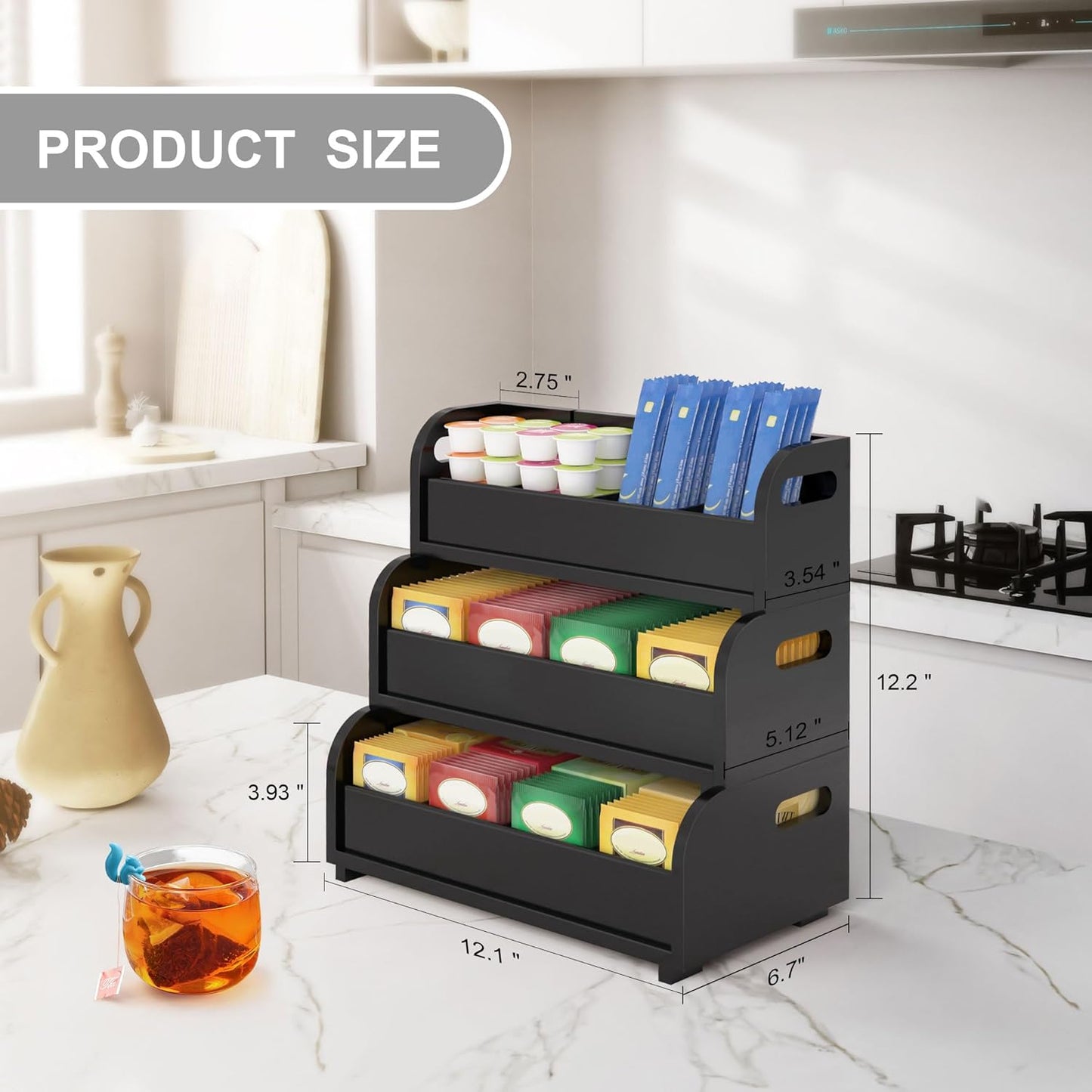 Wisuce Tea Holder for Tea Bags Organizer - Black Bamboo Tea Organizer for Tea Bags 3-Tier Stackable Wall Mount Large Capacity Tea Storage Box to Pantry Countertop Kitchen Office