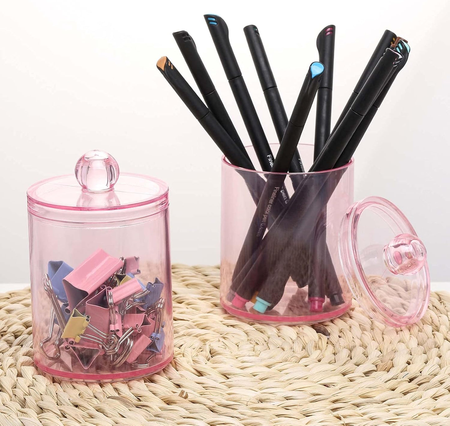 Tbestmax 4 pcs Qtips Holder Bathroom Container, 10 OZ Apothecary Jar, Pink Cotton Ball/Swabs Dispenser Organizer for Storage