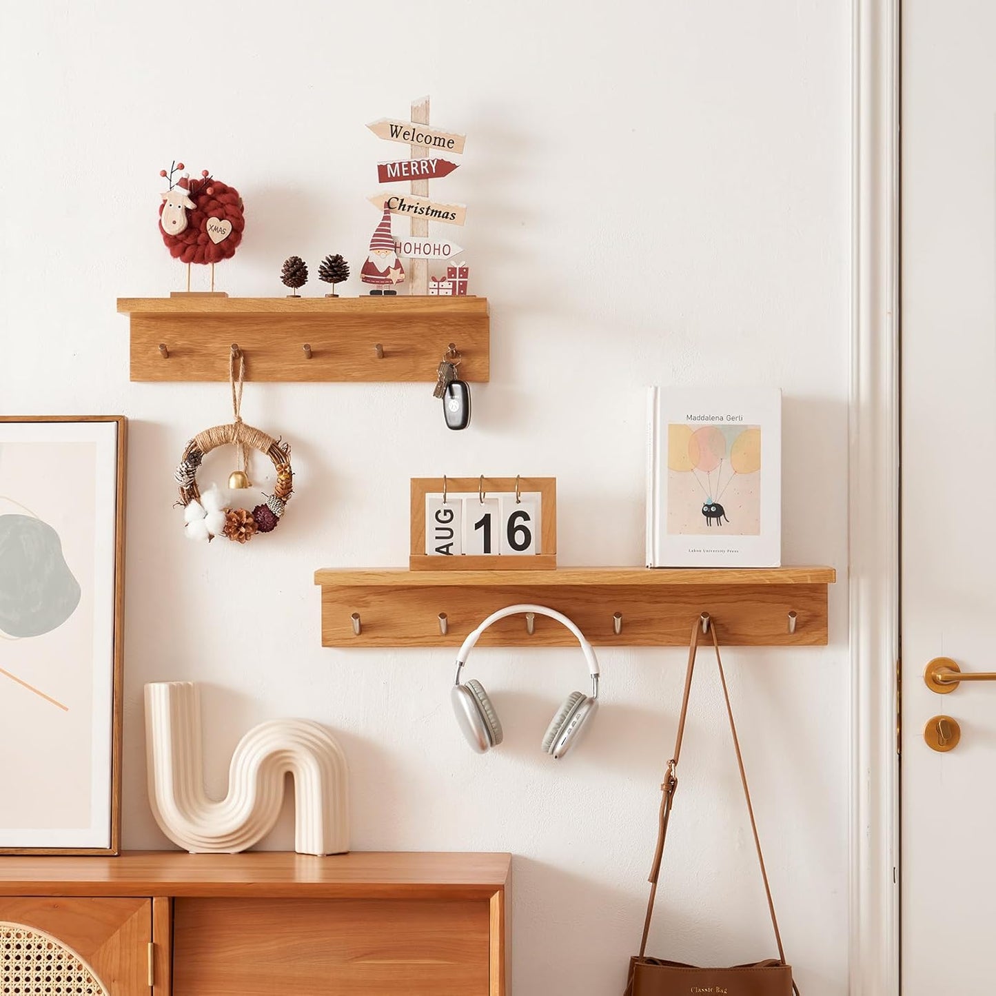 Oak Wood Coat Rack Wall Mount With Shelf 27.5 Inch Long, Entryway Floating Shelf With 6 Hooks for Bathroom, Hallway, Living Room