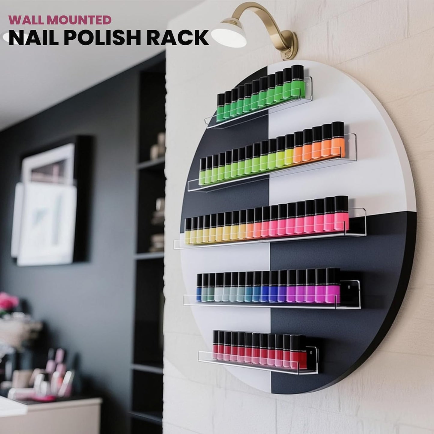 Wall Mount Nail Polish Organizer, Wood Nail Polish Rack w/Acrylic Barrier, 5-Tier Round Storage & Display Shelf, Perfume Essential Oil Bottles Holder, White & Black