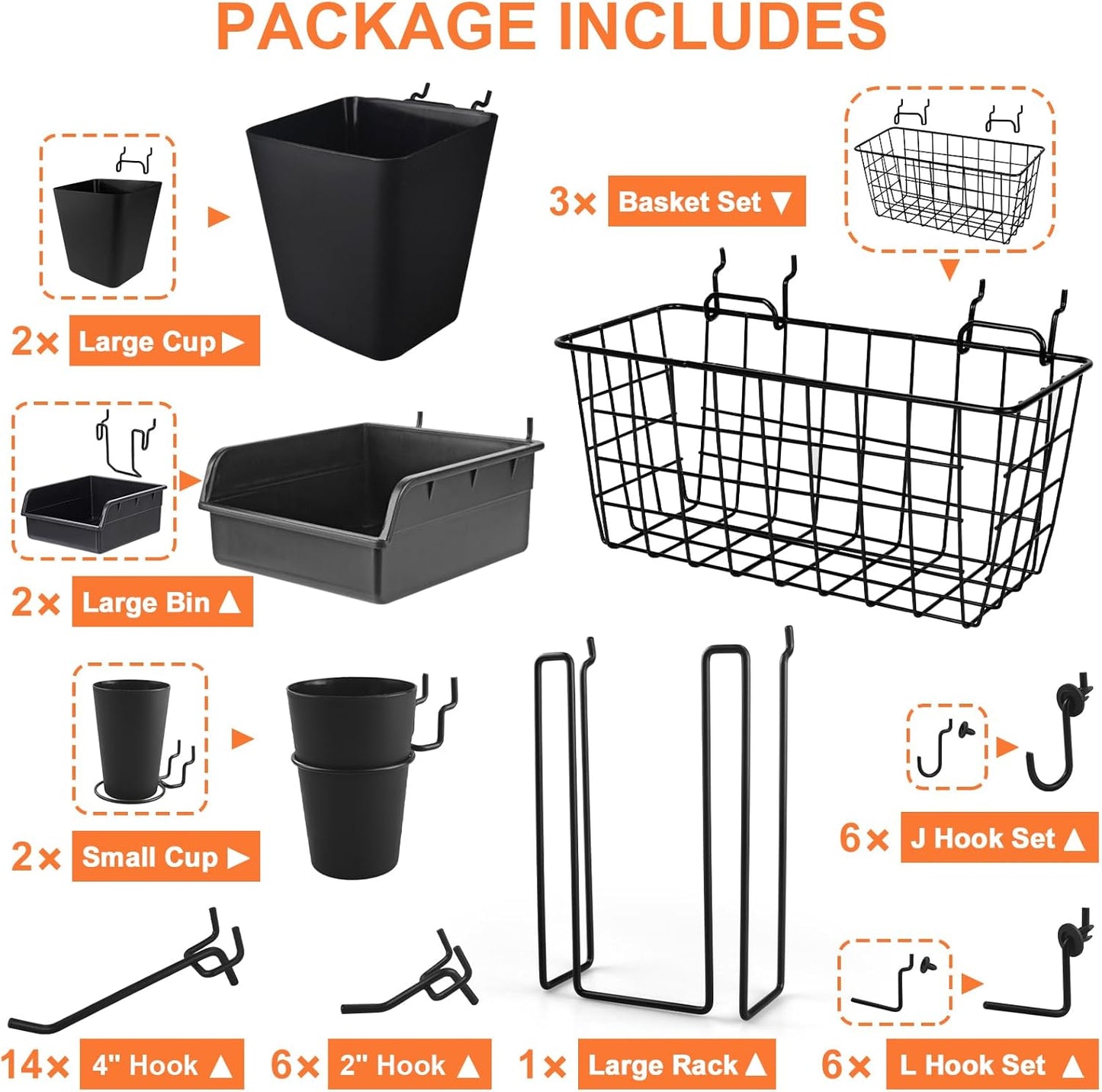 Pegboard Basket Organizers, Peg Board Large Baskets Hooks Bins Cups Tool Organizer 42 Pack Set, Wall Storage Display Hanging Accessories for Craft Office Stadio Shed Garage Organization (Black)