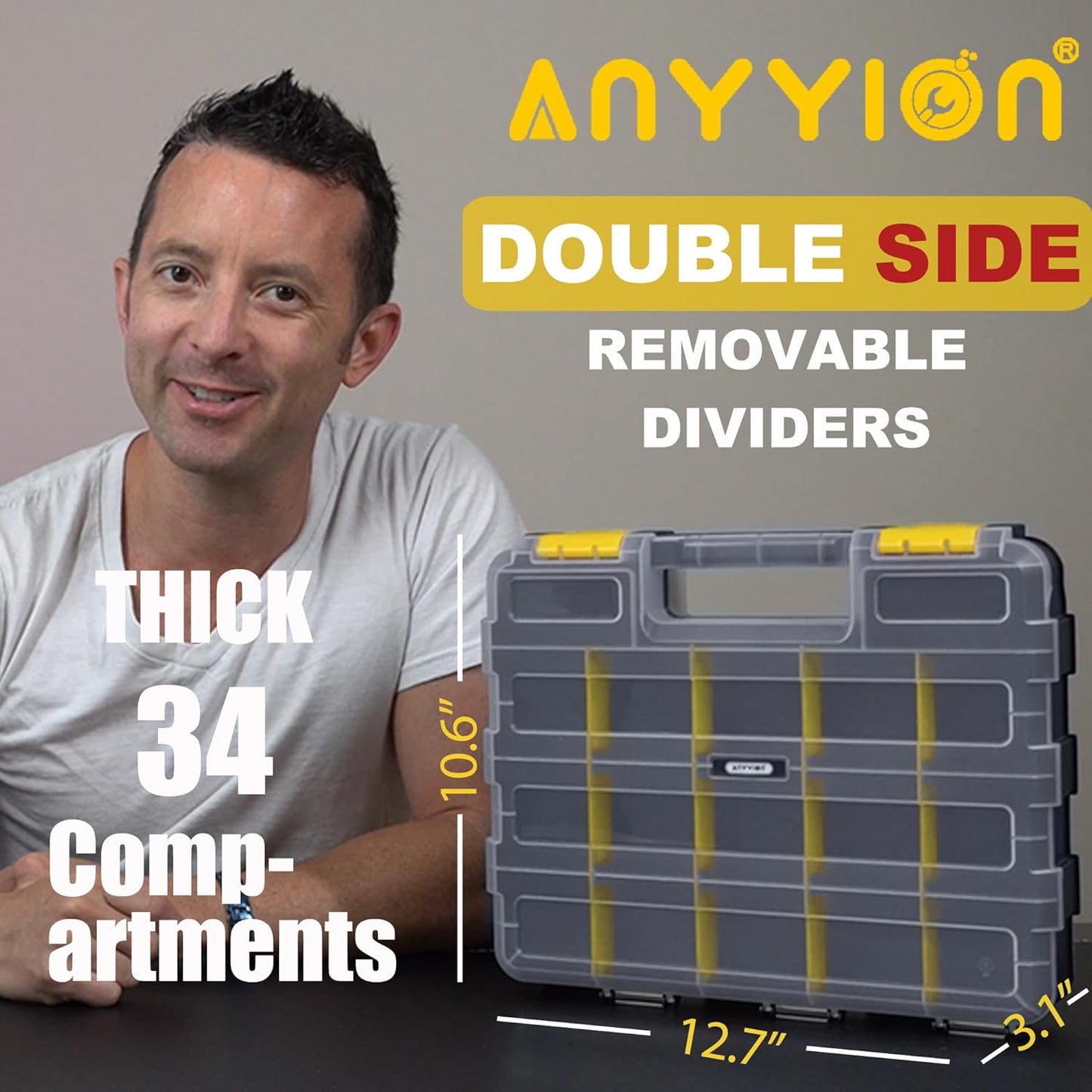 Anyyion Small Parts Organizer, 34-Compartments Double Side parts organizer with Removable Dividers for Hardware, Screws, Bolts, Nails, Beads, Jewelry. (1 PCS, Yellow)