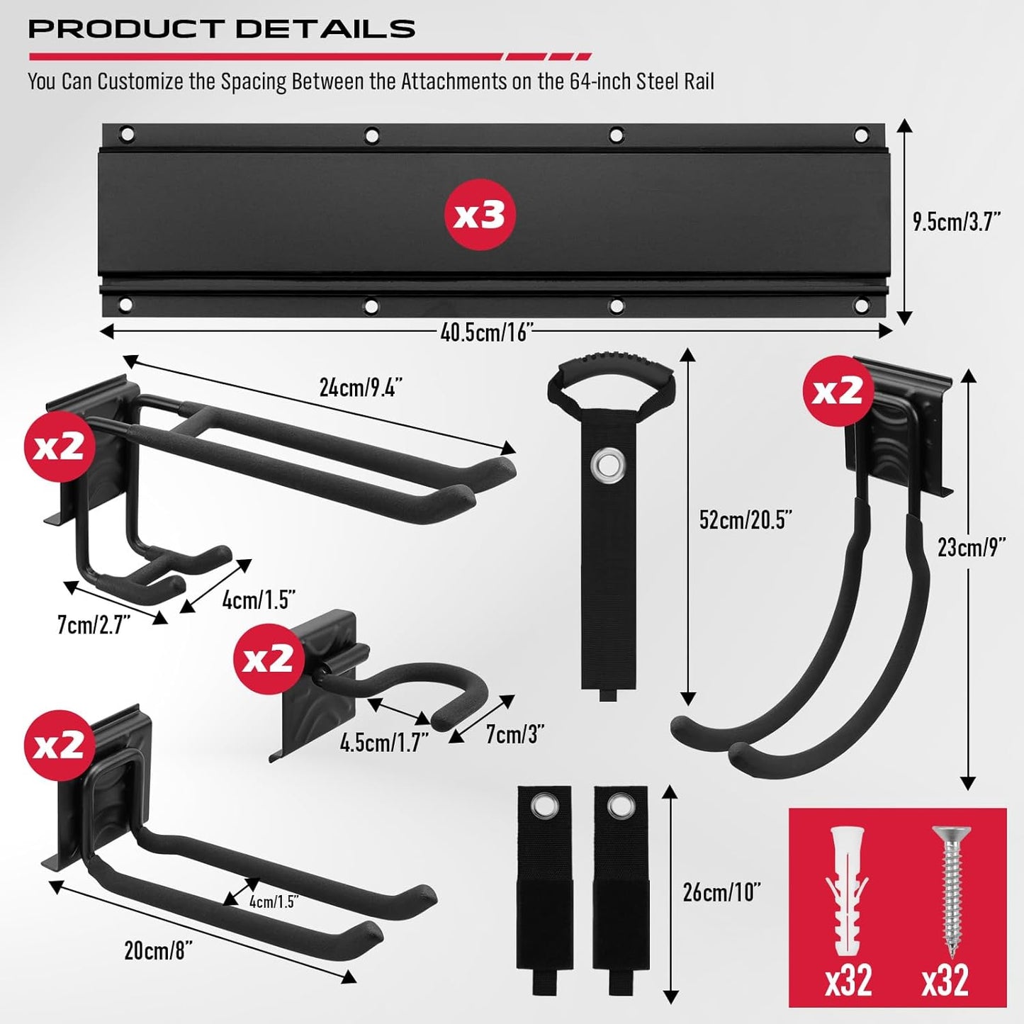 SEDY 48" Heavy Duty Garage Wall Organizer, Wall Mount Tool Storage Rack with Adjustable Hooks, Garden Tool Organizer Hold Up to 300lbs, Easy Installation (3 Panels, 8 Hooks, 3 Straps)