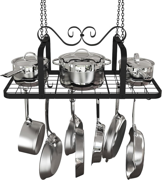 33” Black Pot Rack Hanging, Heavy Duty Metal Ceiling Pot Rack with 15 Hooks, Pot and Pan Hanging Rack Organizer for Kitchen Cookware Utensils