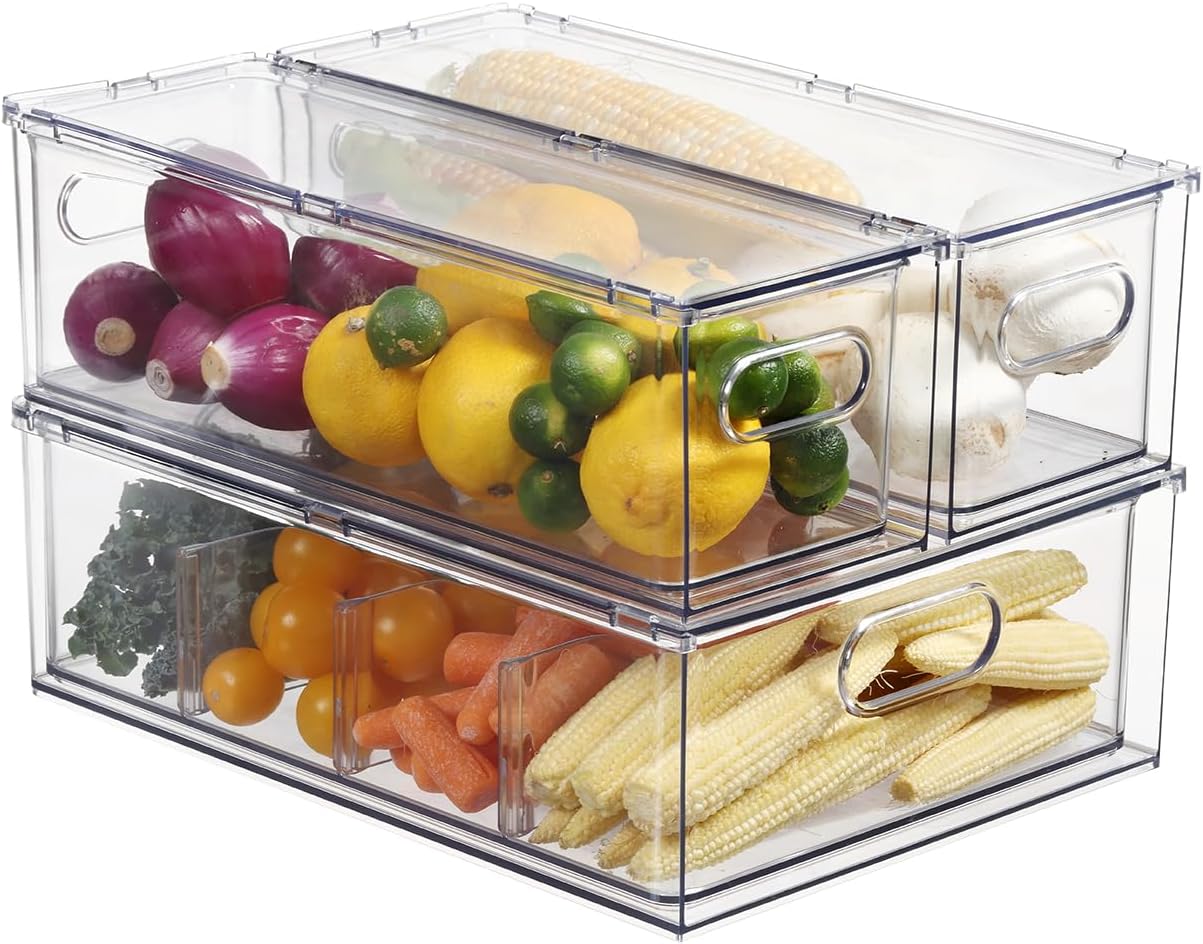 Fridge Drawer Pull Out Stackable Bins, Clear Refrigerator Stackable Organizers, Fridge Organizer Storage for Kitchen, Pantry, Vegetables, Fruits (2 Small + 1 Large)