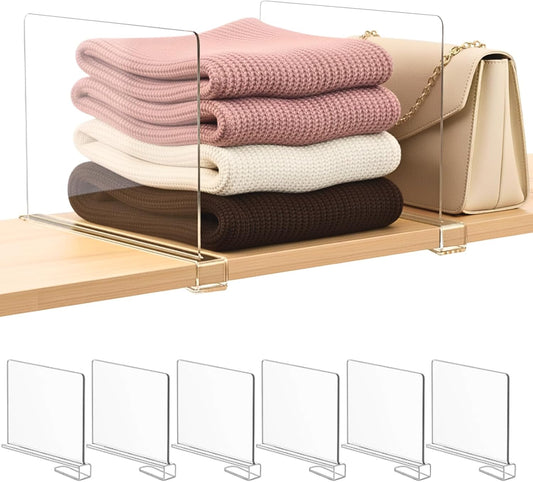 Shelf Dividers Purse Organizer for Closet: 6-Pack Acrylic Bag Storage Organizer for Handbags, Clutches, Clothes, Sweater, Towel on Wood Shelves