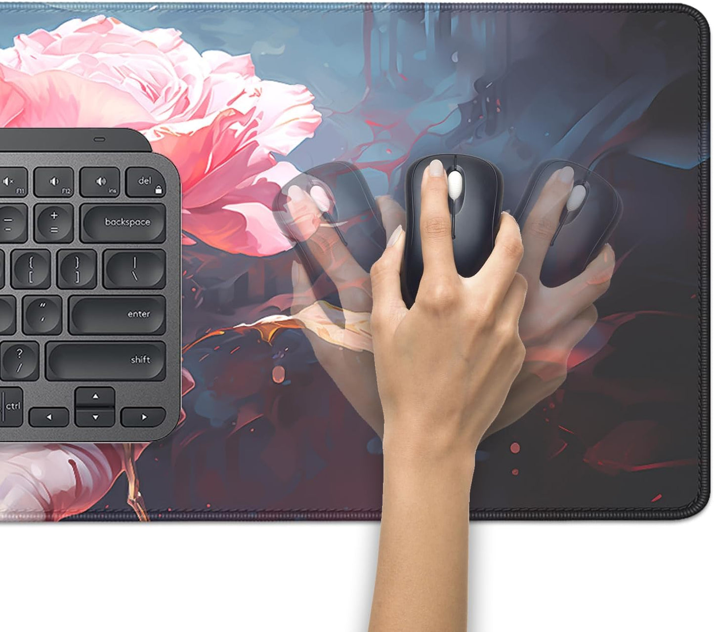 Artistic Flowers Mouse Pad,XL Floral Mousepad Desk Pad with Stitched Edges,Non-Slip Waterproof Rubber Base Mouse Mat Desk Mat for Office Computer Keyboard Laptop Home(27.5x11.8 in)