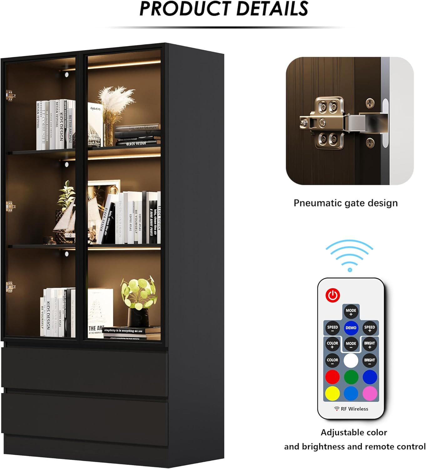 Wooden Display Cabinet with Glass Doors & 2 Drawers,LED Lights Glass Display Case,Showcase for Collections, Curio Cabinets, Bookcase and Glassdoor Display Cabinet(Black- 2 Drawers)