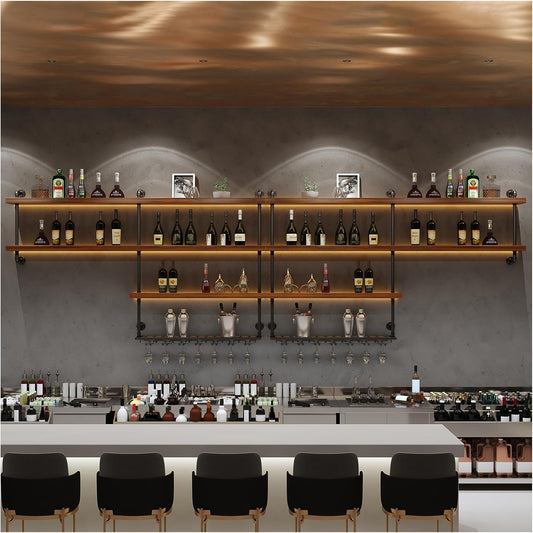 Solid Wood Wall Mounted Wine Rack, Large Wine Rack with LED Light, 4 Tiers Liquor Bottles Floating Shelves with Glass Holder, Industrial Bar Shelves for Home Bar Dining Room (141.8 IN/ 360CM)