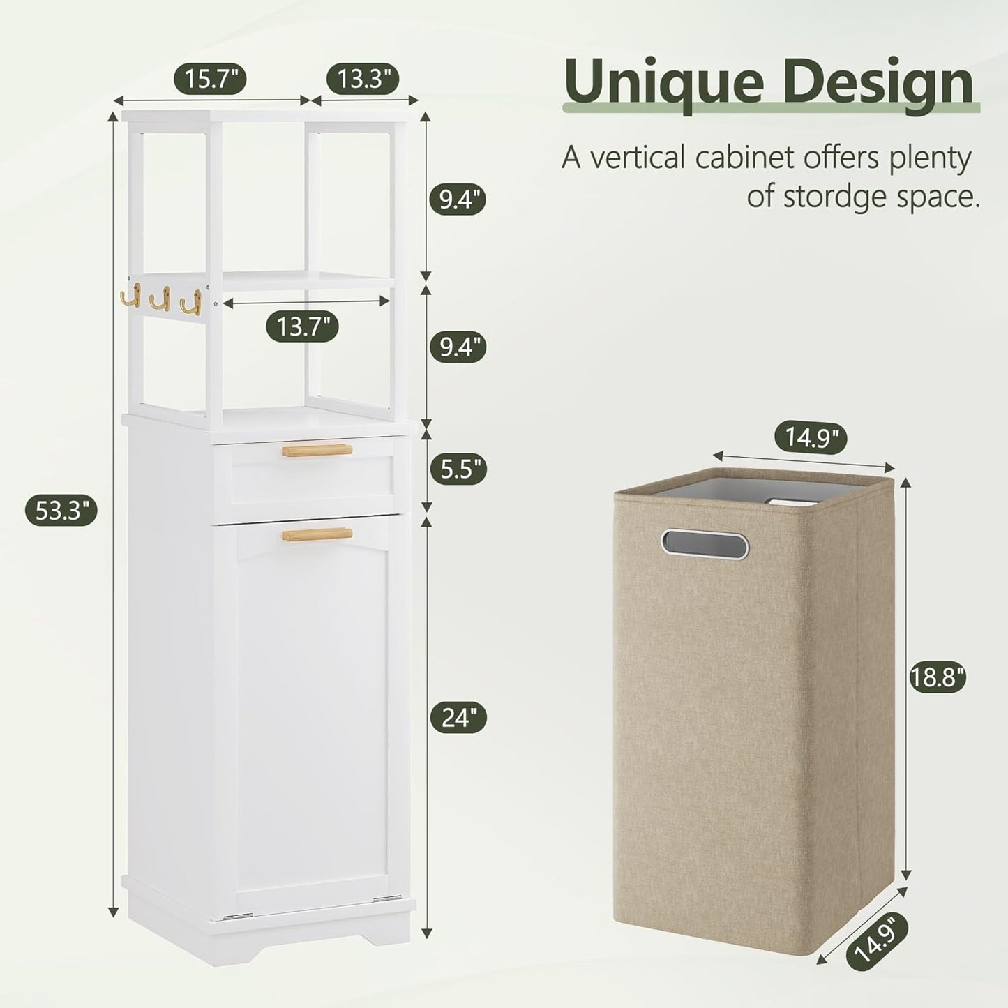 VECELO 53" Tilt Out Laundry Hamper, Tall Bathroom Cabinet with Hidden Removable Basket, 2-Tier Open Shelves, 1 Drawer and 3 Side Hooks for Storage, White