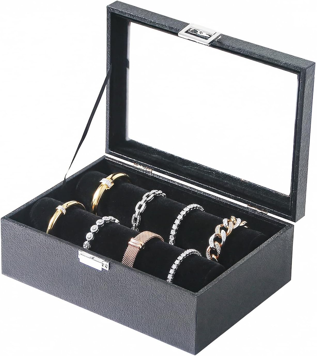 Bracelet Display Holder with Clear Lid, Jewelry Storage Organizer Box Case with Rods for Bangles, Watches, Women (Black)