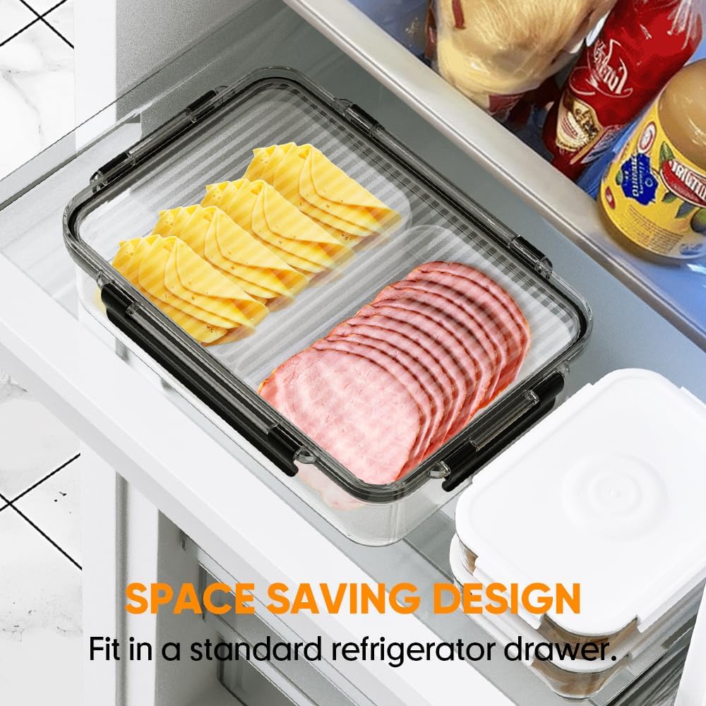 Deli Meat Container for Fridge Organizers and Storage, Ham and Cheese Container for Fridge, 11 Inches Long Lunch Meat Containers for Refrigerator, 2 Compartment Snack Containers with Clear Lid
