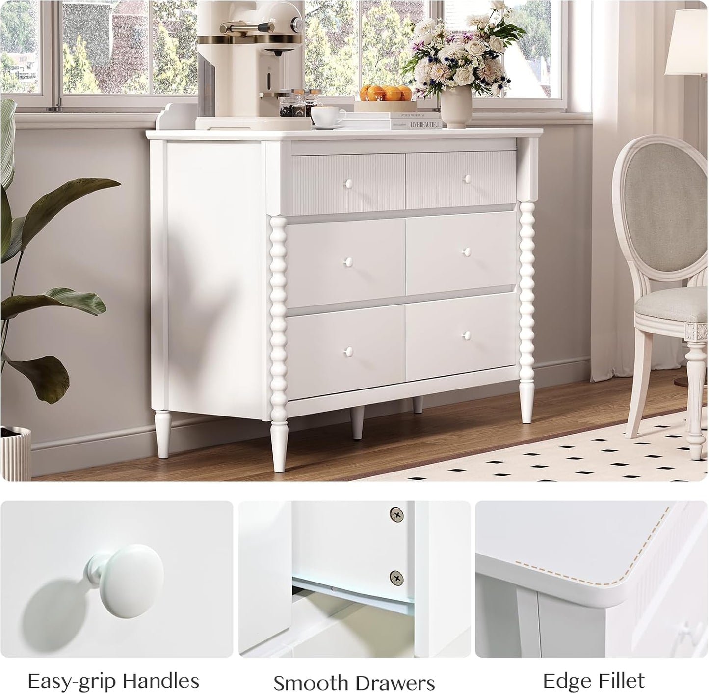 3 Piece Bedroom Set, Vintage 6 Drawer Dresser and Nightstand Sets for Bedroom, Night Stand Set 2 & Kids Dresser with Solid Wood Legs, Chest of Drawers Storage Cabinet Set, White