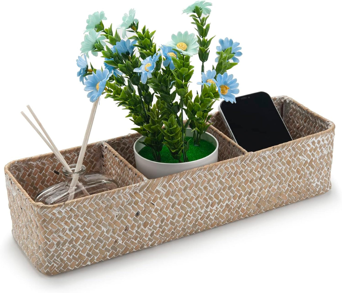 Seagrass Storage Basket 3 Sections Woven Shelf Baskets with Compartment (Whitewash, 14.6inch x 4.7inch x 3.1inch)