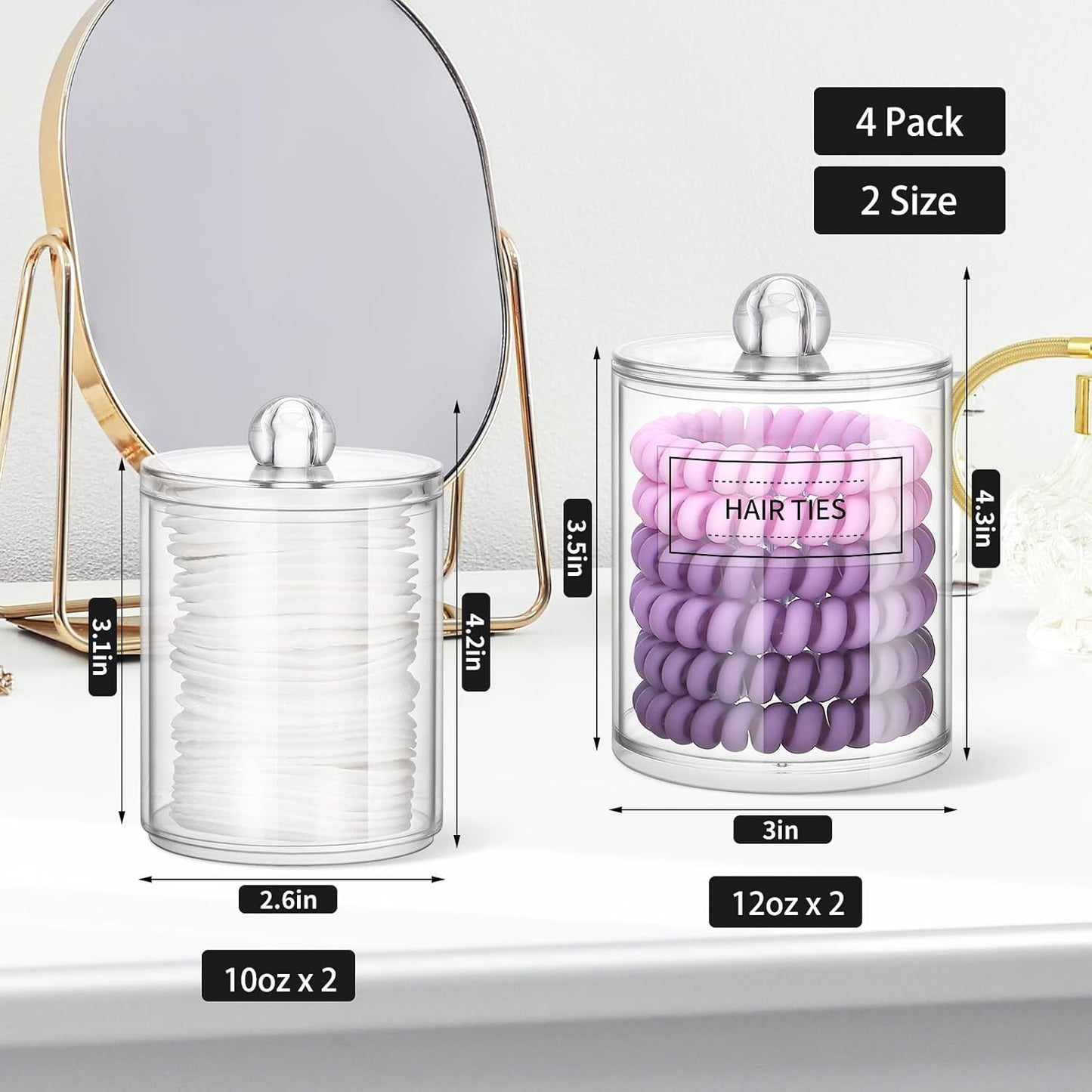 ME.FAN Qtip Holder Dispenser - 4 Pack 10oz, 12oz Clear Plastic Apothecary Jars Set - Restroom Bathroom Makeup Organizers Containers for Cotton Ball/Swab/Round Pads, Floss, Hair Ties, Bath Salt