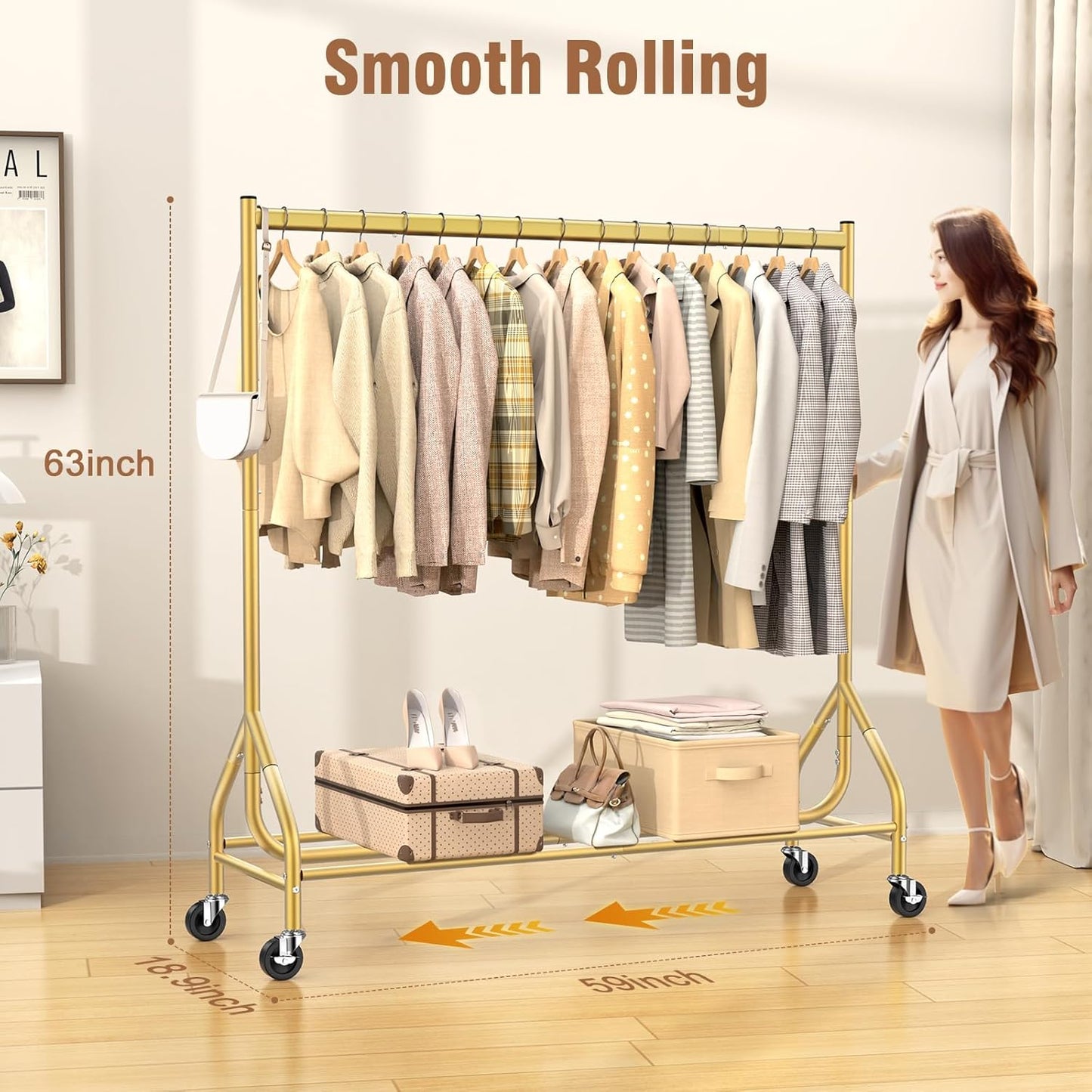EAGMAK Heavy Duty Clothes Rack Load 420 LBS, Rolling Garment Rack with Lockable Wheels, Standing Metal Clothing Rack, Portable Wardrobe Sturdy Coat Rack for Hanging Clothes (Gold, 59″×18.9″×63″)