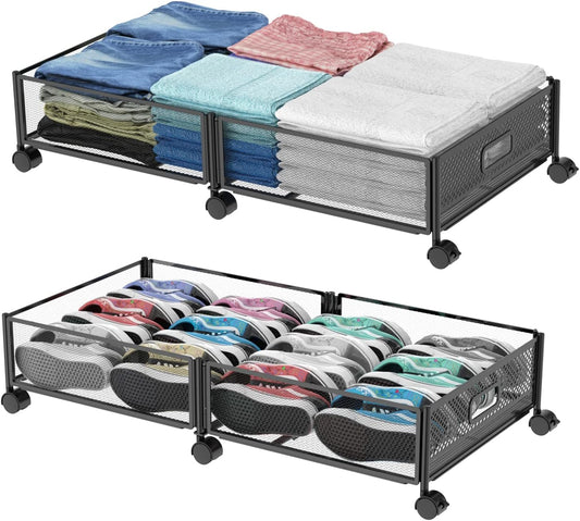 Under Bed Storage with Wheels, 31.5in / 35L Large Rolling Underbed Storage, Underbed Drawer on Wheels, Tool-free Assembly Metal Under Bed Drawers Organizer Container for Bedroom Shoes Clothes Toys