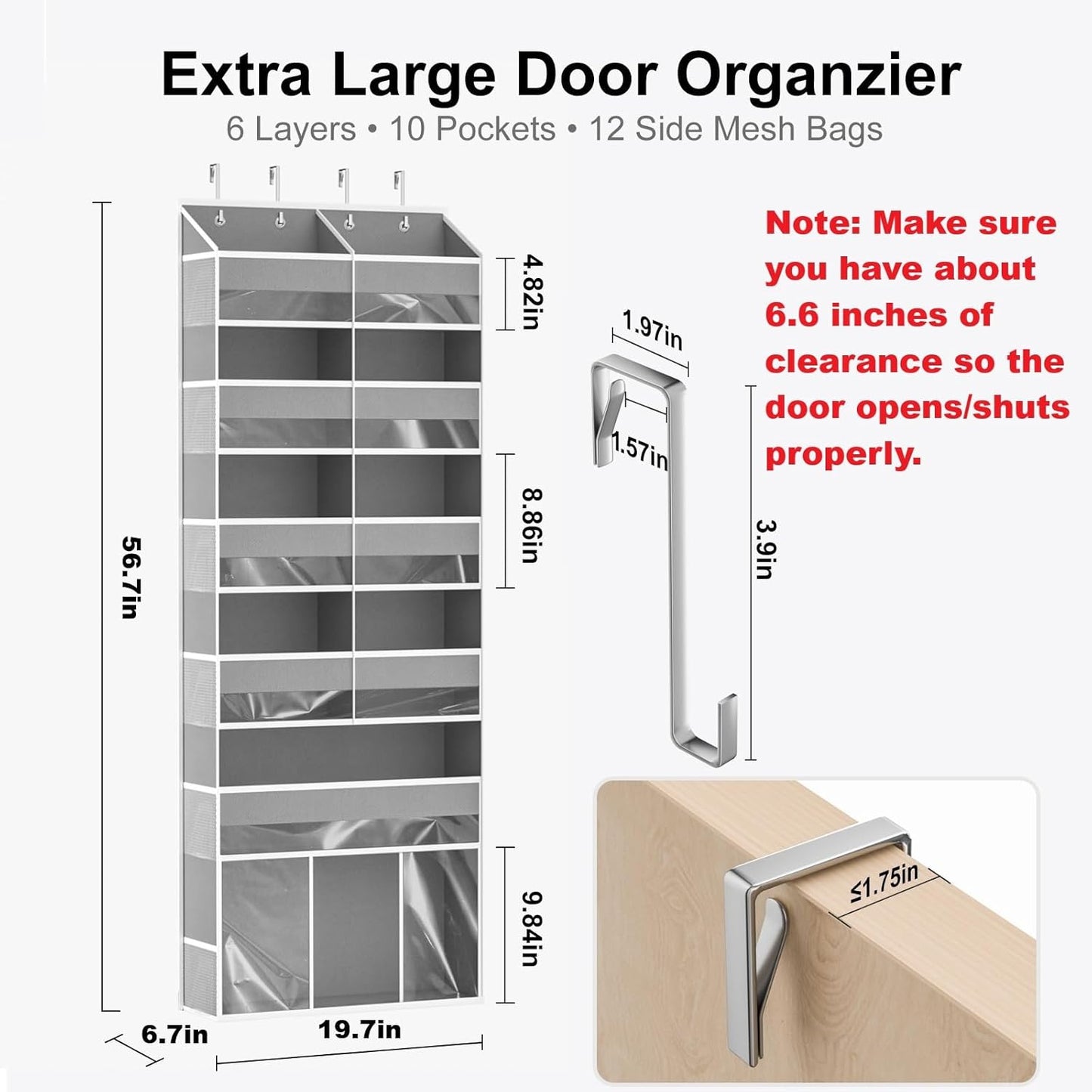 Over The Door Organizer 6-Tier Hanging Storage - Door Hanger Organizer with 10 Pockets & 12 Mesh Side Bags, 80lb Heavy Duty Back of Door Storage for Closet Bathroom Pantry Nursery Laundry