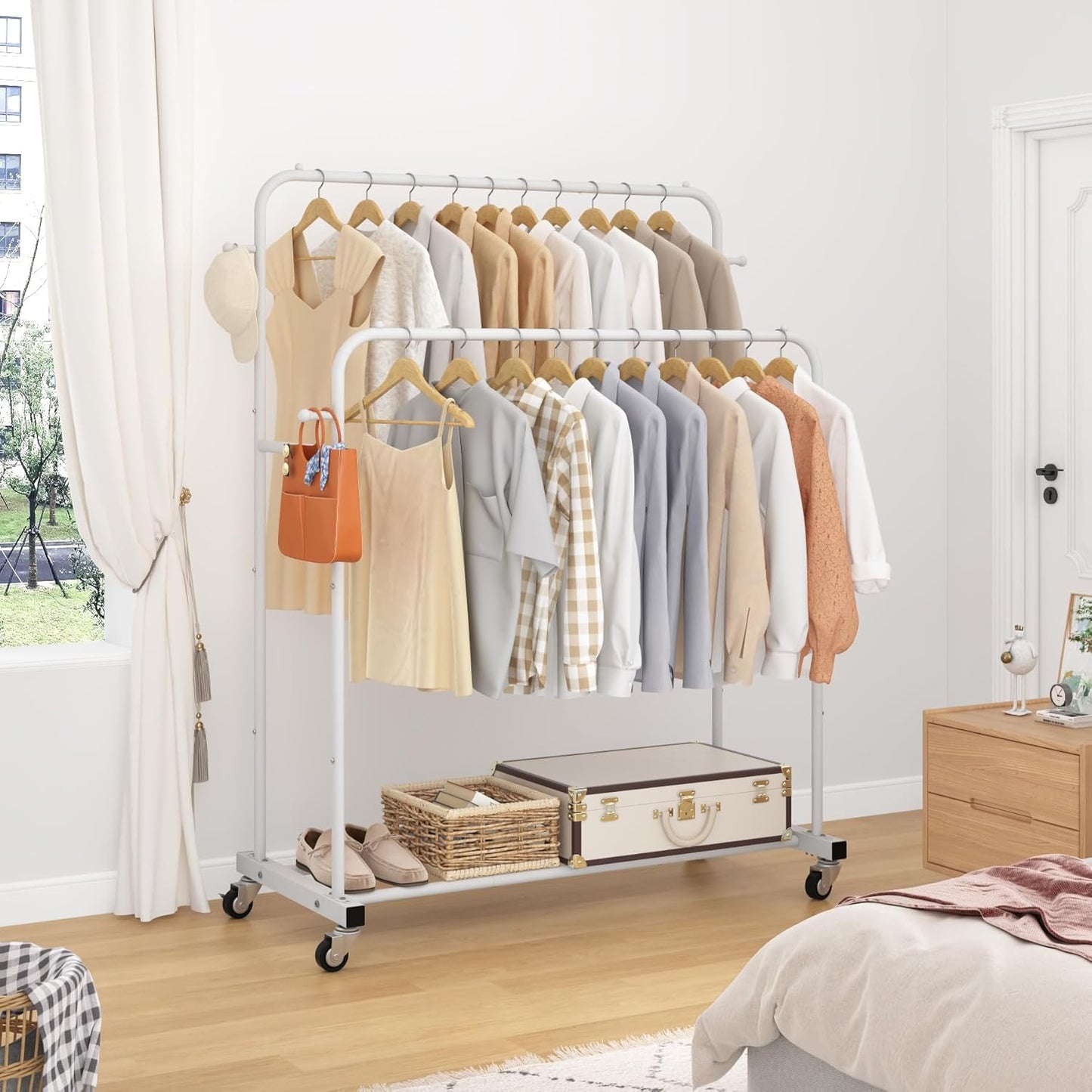 Laiensia Double Rods Garment Rack with Wheels, Clothing Rack for Hanging Clothes,4 Hooks, Multi-functional Bedroom Clothes Rack, White