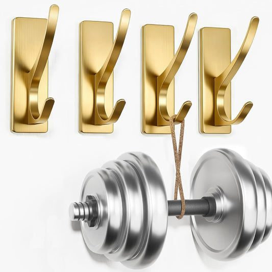 pickpiff 13 LB Self Adhesive Coat Hooks for Hanging: Heavy Duty Stainless Double Wall Hook for Towel, Backpack, Hat, Sturdy Metal Hanger for Bathroom, Bedroom, Door, Wall Mounted, 4-Pack, Brushed Gold