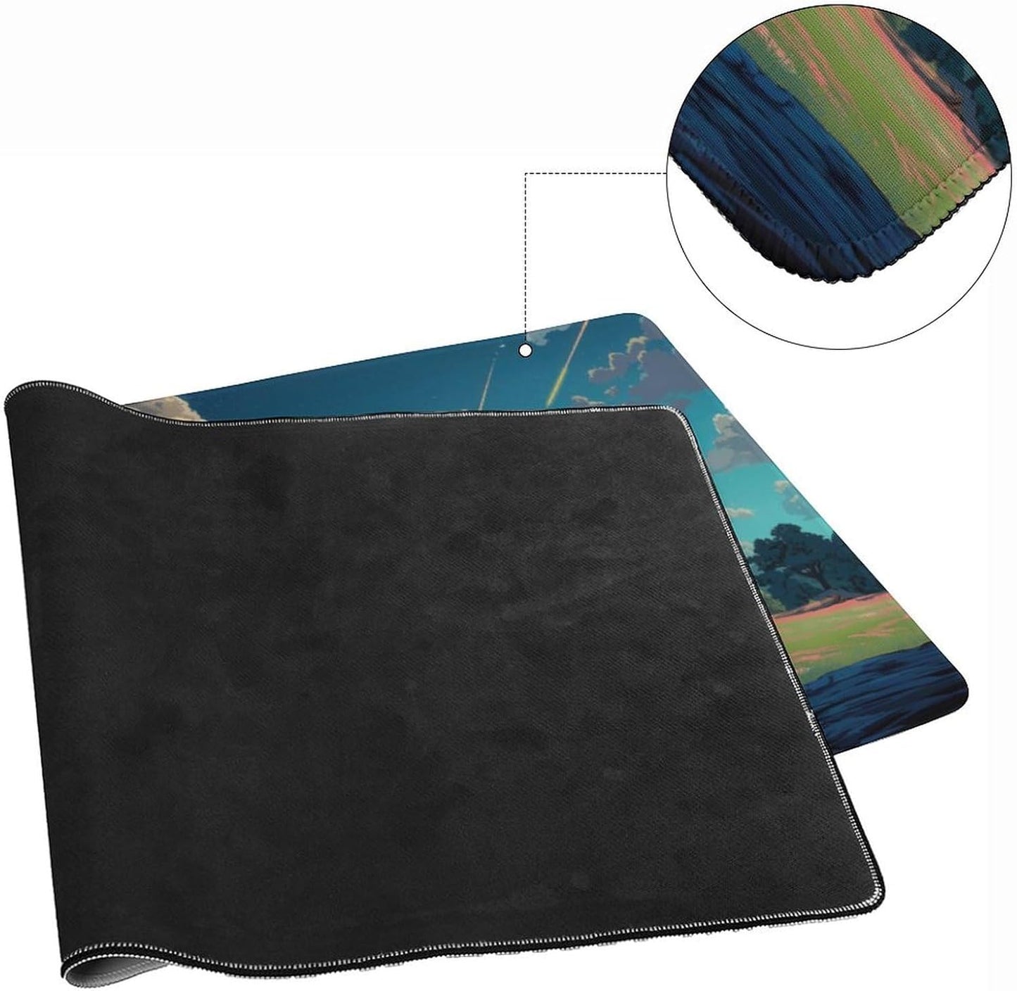 Anime Grass Flowers Blue Sky Large Mouse Pad, Vintage Aesthetic Gaming Desk Mat, XXL Keyboard Desk Pad Mat for Desktop, 35.4"x15.7" Non-Slip Base Big Mousepad with Stitched Edges