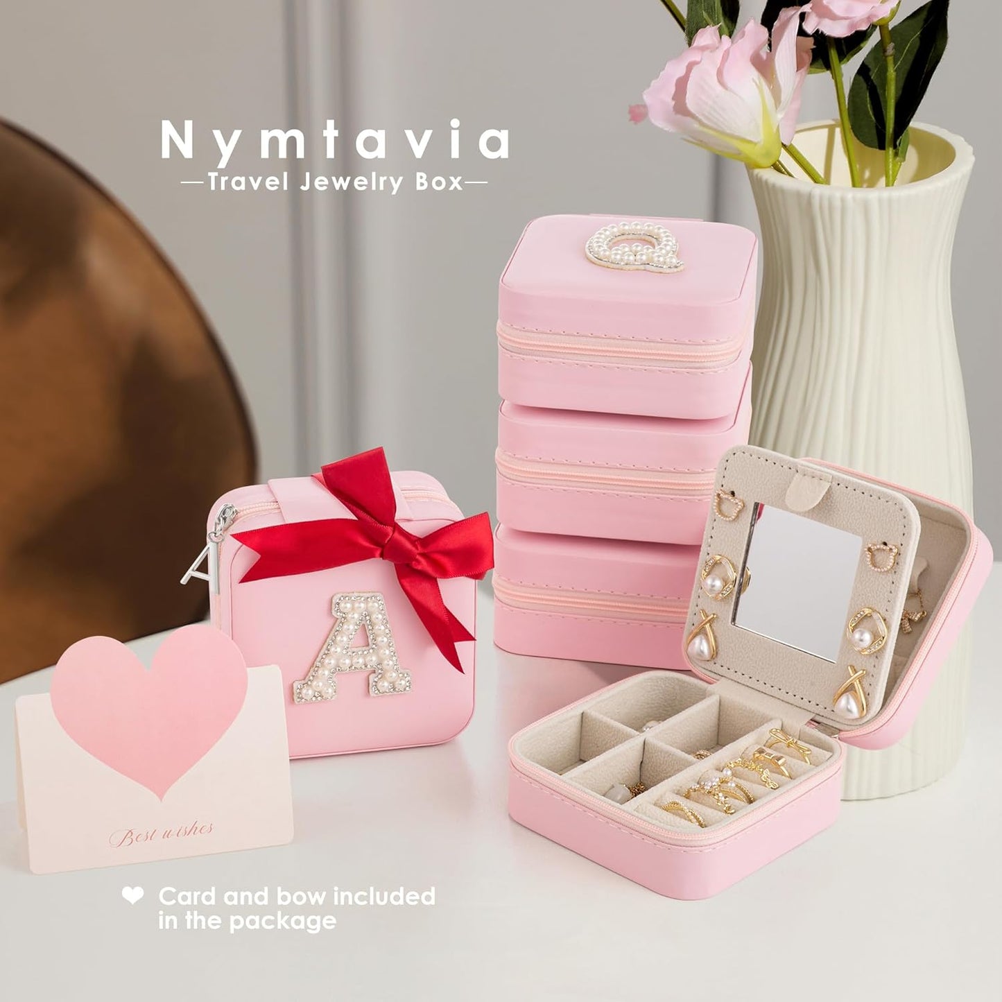 Initial Jewelry Box, Travel Jewelry Case, Gift for Women, Girls, Pink, Classic Style