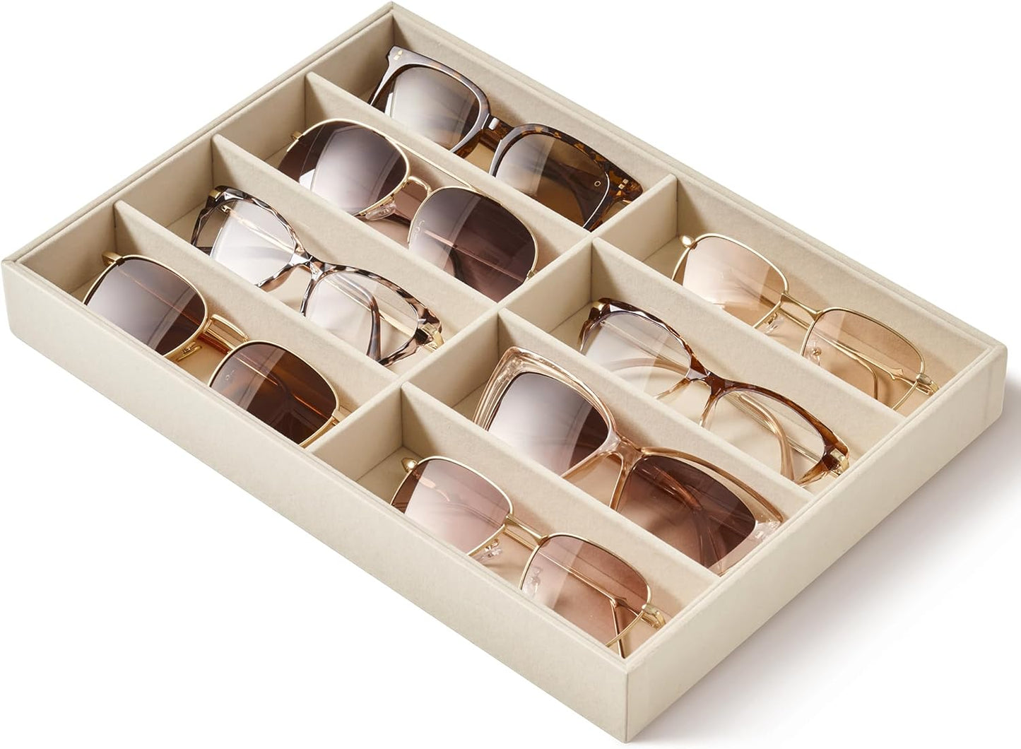 pickpiff Drawer Sunglass Organizer & Display Tray: 1 Pcs 8 Grids Velvet Scratch-Free Eyeglasses Case (13.8x9.4x1.6inch) - Soft Beige Glasses Storage Holder Box for Men & Women