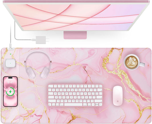 Wireless Charging Mouse Pad, 31.5"x15.8" Large Gaming Desk Mat for Keyboard/Laptop, Waterproof Ultra-Smooth Surface, Non-Slip Base, with 20W PD Adapter, Pink Marble