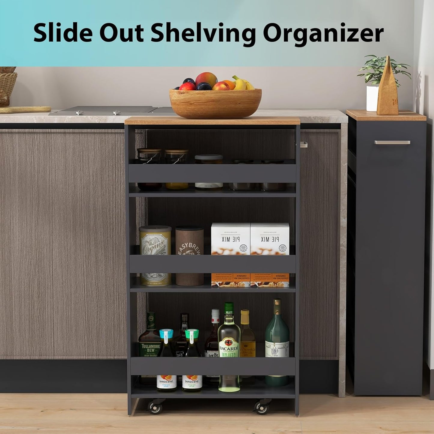 POWERSTONE 4-Tier Slim Storage Cart, Narrow Kitchen Rolling Cart w/Handle & Open Shelves, Skinny Slide Out Utility Organizer Trolley for Kitchen Bathroom Laundry Small Spaces Grey & Natural