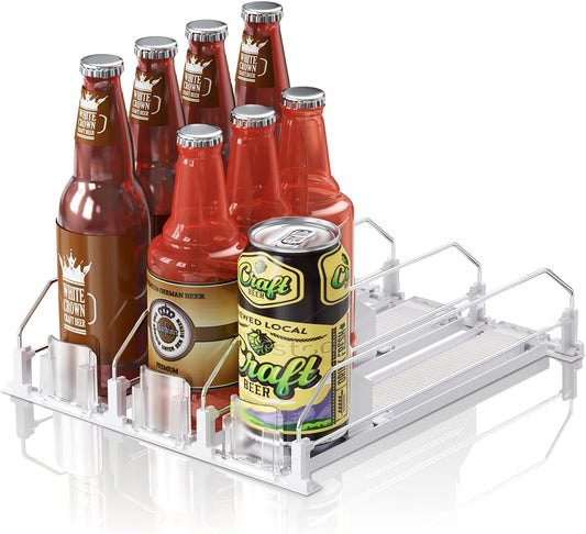 Drink Organizer for Mini Fridge,12oz 16oz 20oz- Soda Can Dispenser for Refrigerator,Width Adjustable,Automatic Pusher Glide (White (Mini 12.2"D), 12.2"D 3ROW, Holds 12 Cans)
