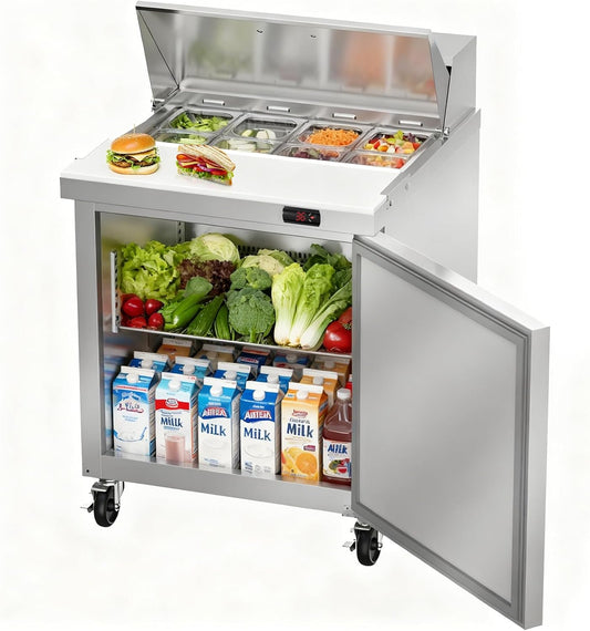 29" W Commercial Refrigerator Sandwich Salad Prep Table, Stainless Steel 1-Door Sandwich Prep Table Refrigerator, Counter Fan Cooling Refrigerator with 8 Pans for Restaurant, Bar