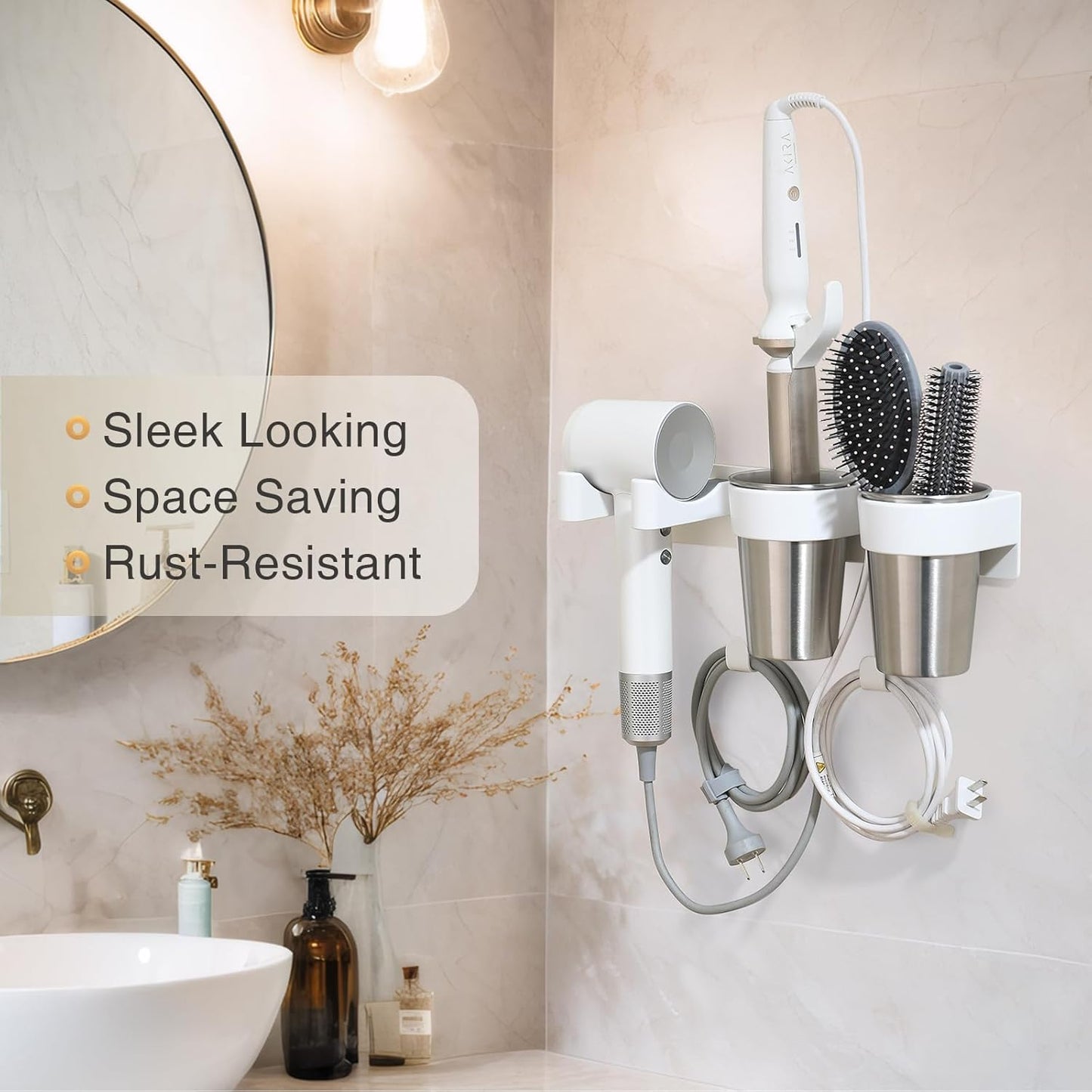 3-in-1 Hair Tool Organzier, Hair Hot Tools Wall Holder, Hair Dryer Curling Iron Holder with Cord Keeper, Hair Dryer Holder for Vanity Bathroom Powder Room