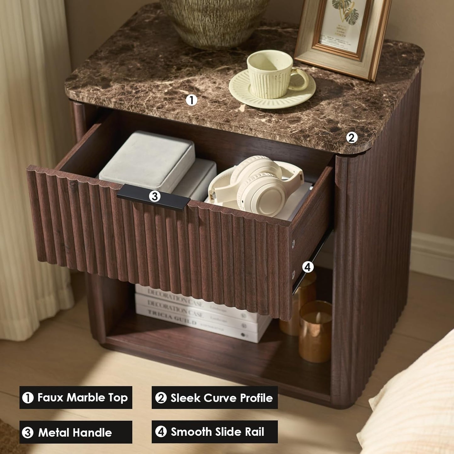 Fluted Nightstand with Drawer, Bedside Table with Faux Marble-Top, Engineered Wood Side Table with Open Shelf, Curved Corners, Metal Handle, Modern Night Stand for Bedroom, Small Spaces, Dark Oak