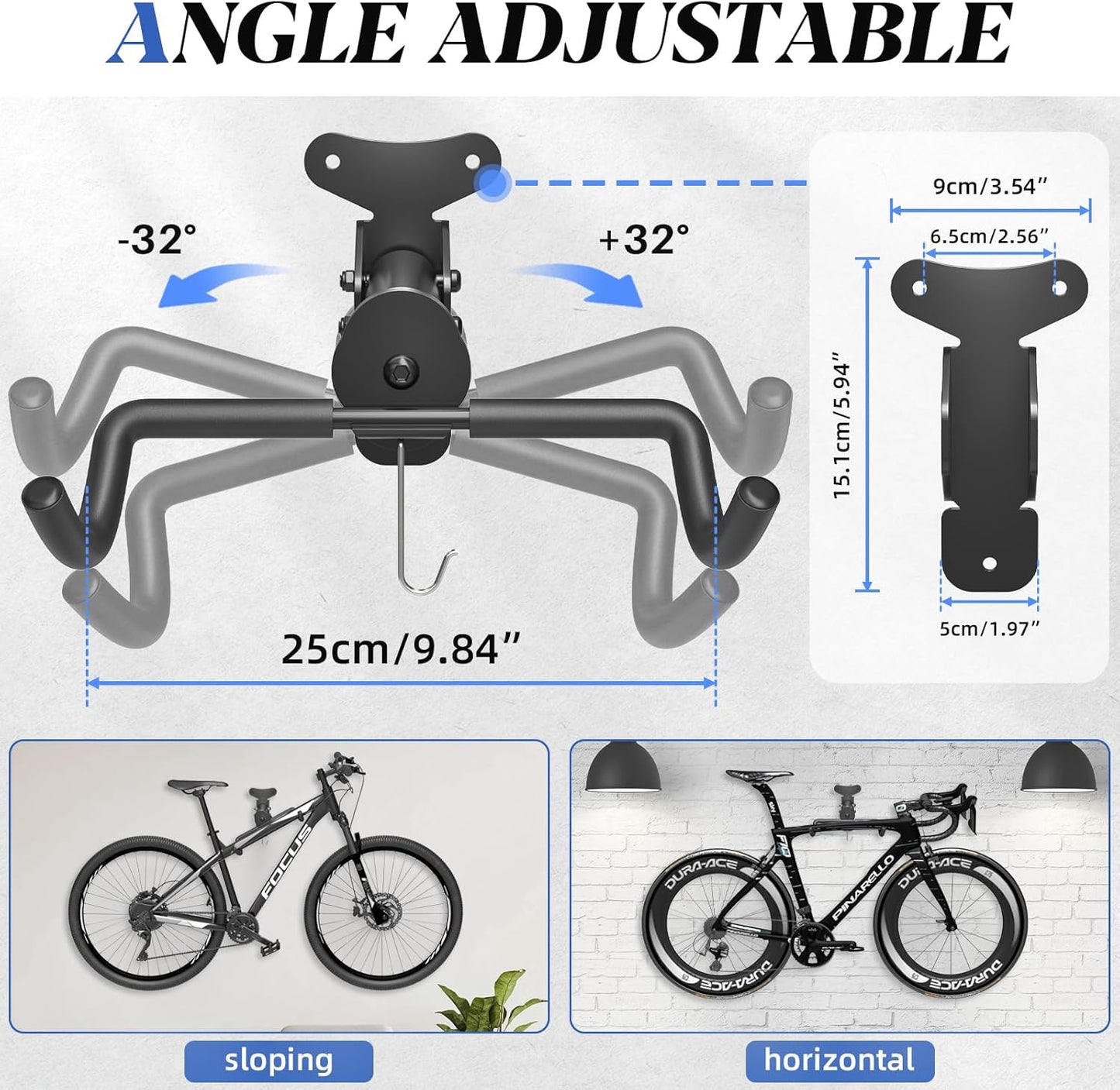 Goovilla Bike Wall Mount Hanger Adjustable - Space Saving Horizontal Bicycle Rack for Mountain/Road/Hybrid Bikes | Secure Home Garage Storage with Easy Installation | 1-Pack Cycling Holder Hook,Black