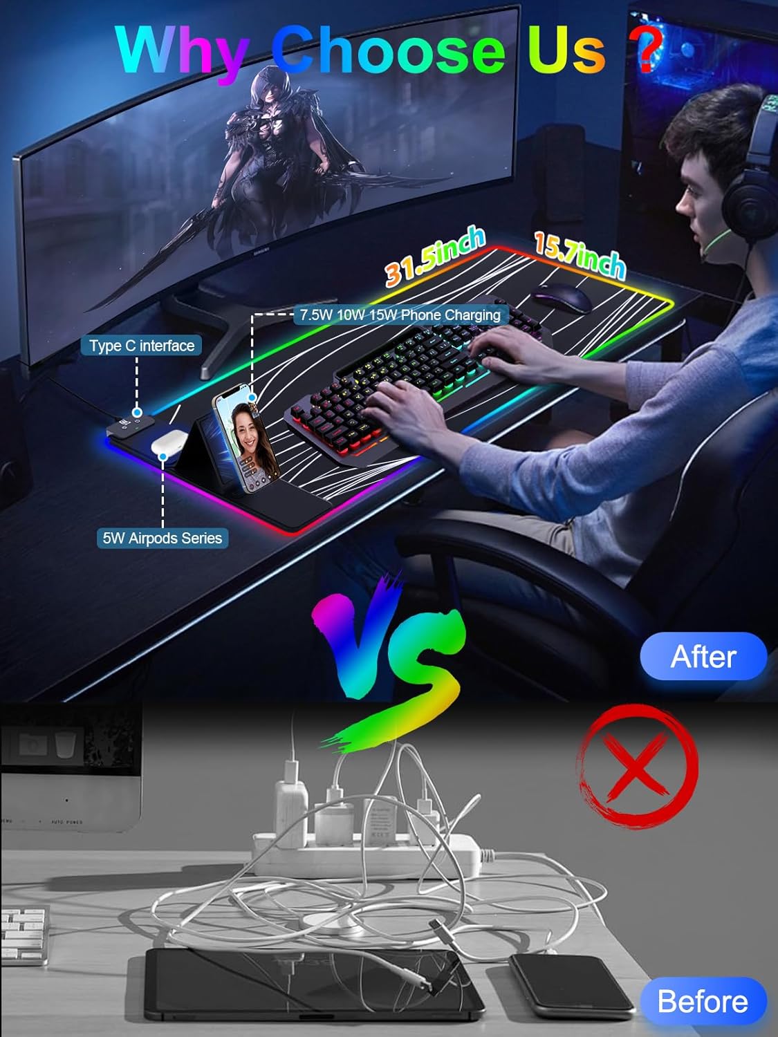 XXL Mouse Pad with Phone Holder, RGB Desk Mat with 15W Fast Charging, LED Large Gaming Mouse Pad with 11 Lights Colors, Long Mouse Pads, Waterproof Non-Slip Desk Pad for Gamer Esports Pros
