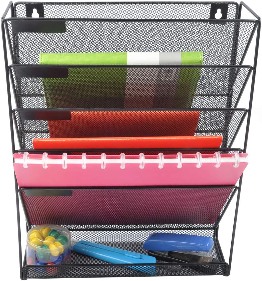 EASEPRES Hanging File Holder Organizer, 6 Tier Mesh Metal Wall Mount Document Letter Tray Organizer for Office Home, Black