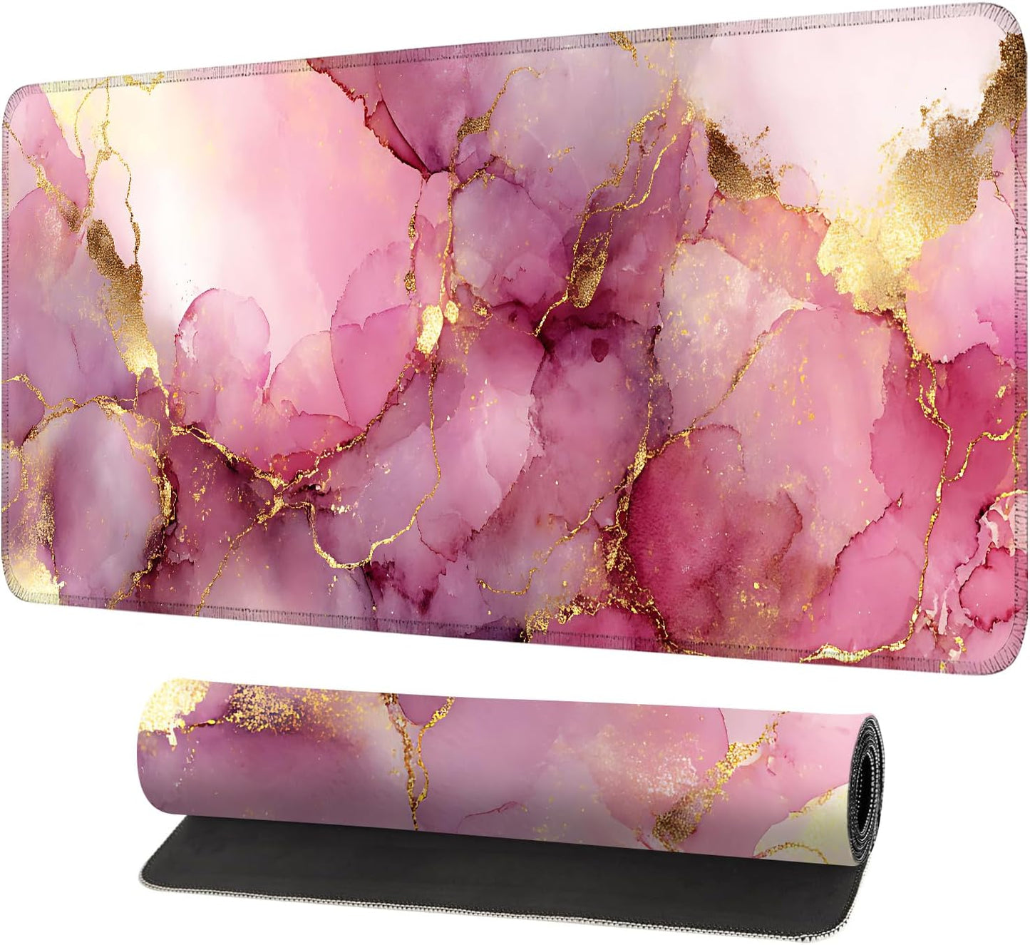 Pink Marble Ink Mouse Pad – Large Extended Desk Mat 31.5 x 11.8 in– Elegant Watercolor Gold Foil Design, Waterproof Surface, Non-Slip Rubber Base, Keyboard & Mouse Pad for Office or Gaming