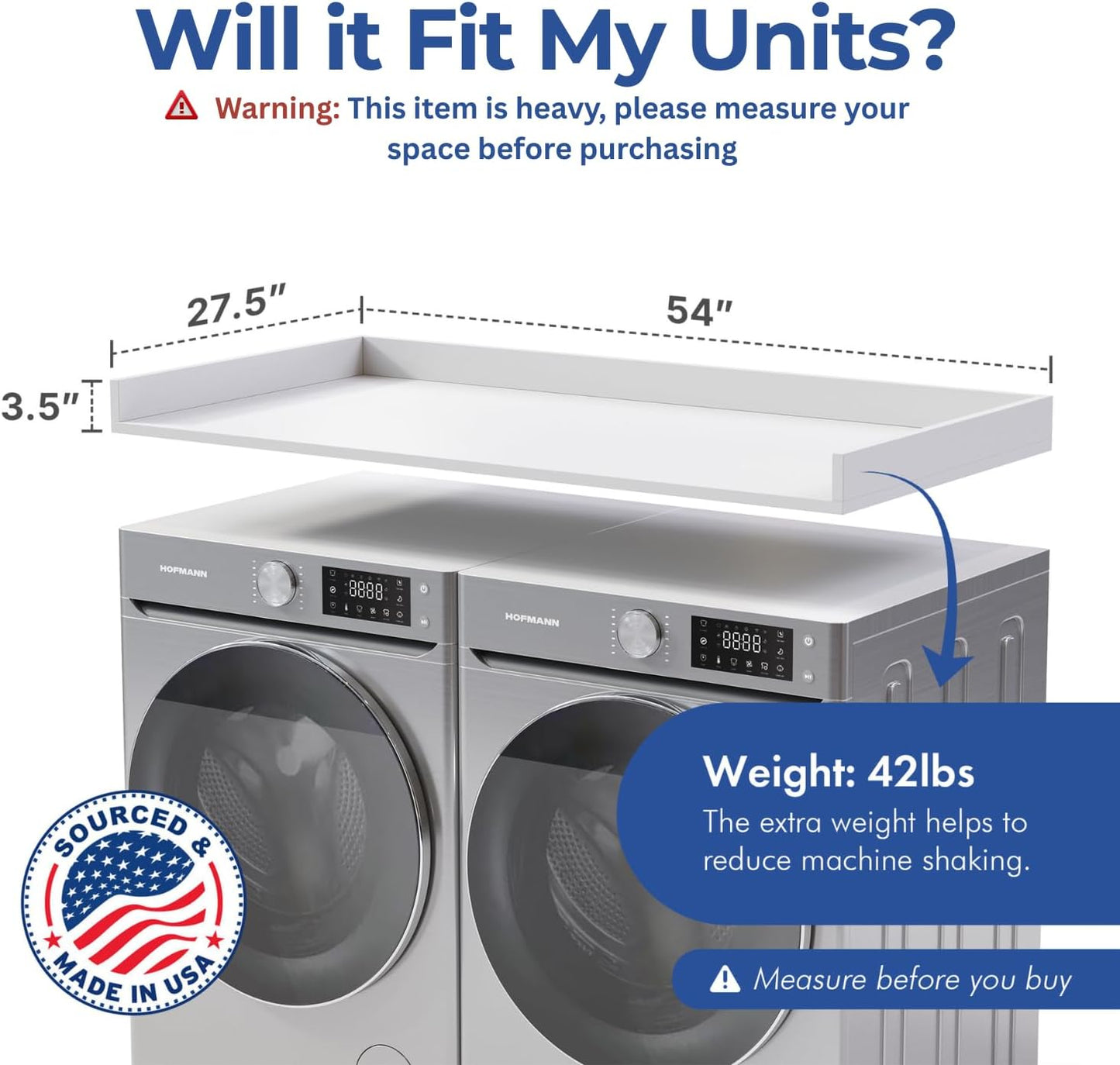 OfficeSimpli Washer Dryer Countertop, Made in USA, Non-Slip Pads, Easy Clean, Laundry Room Essentials and Decor, Washer Dryer Wood Top for Organization (Glacier White, Standard (27.5" x 54"))